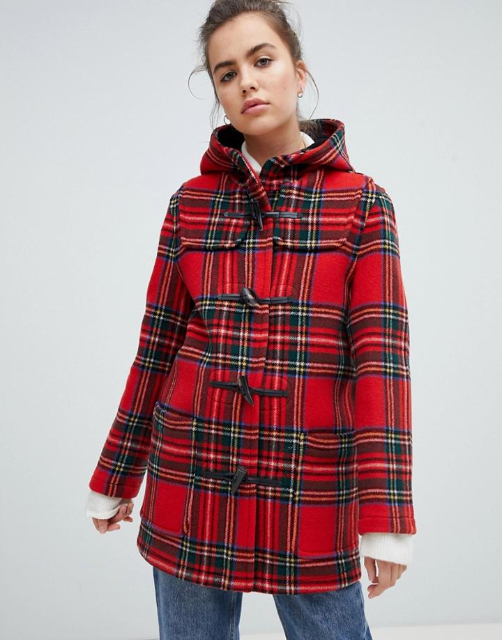 Gloverall Mid Length Duffle Coat In Check - Red
