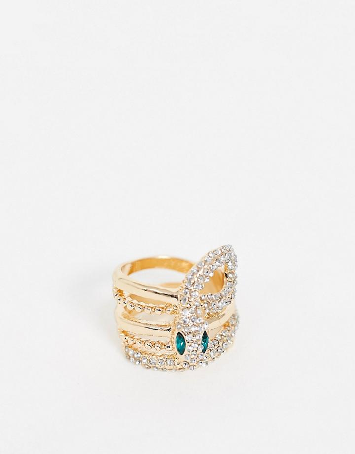 Asos Design Ring In Crystal Snake Design In Gold Tone