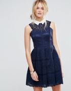 Chi Chi London Structured Lace Skater Dress With Contrast Collar - Navy
