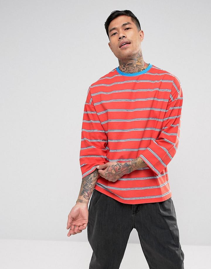 Asos Oversized 3/4 Sleeve Stripe T-shirt - Red