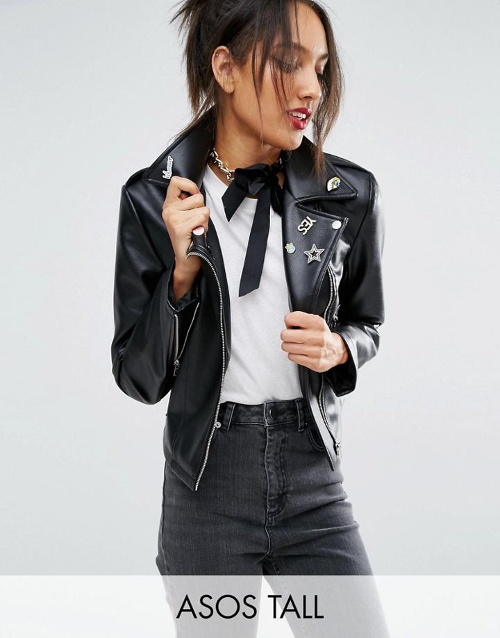 Asos Tall Ultimate Leather Look Biker Jacket With Pin Badge Detail - B
