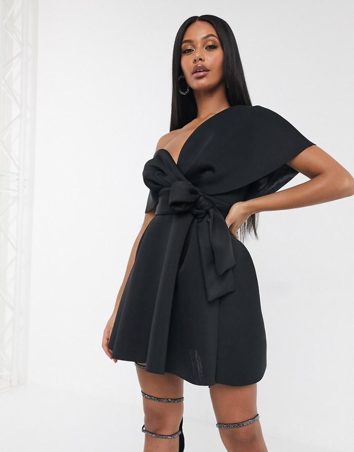 Asos Design Fallen Shoulder Skater Mini Dress With Tie Detail In Black