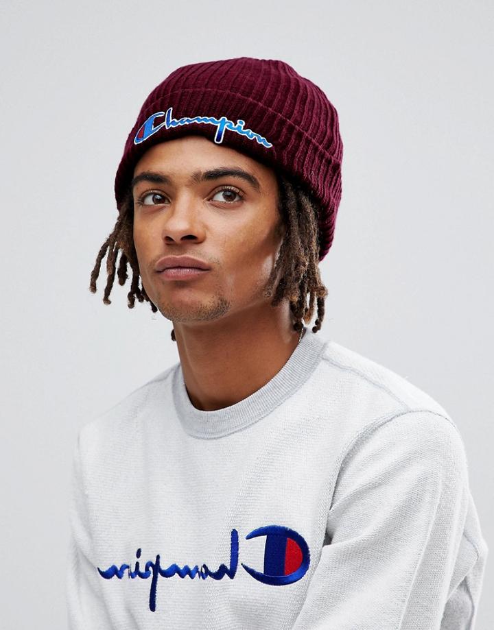 Champion Beanie With Script Logo In Burgundy - Red