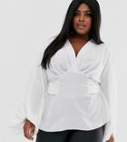 Asos Design Curve Long Sleeve Plunge Top With Tie Waist - Clear