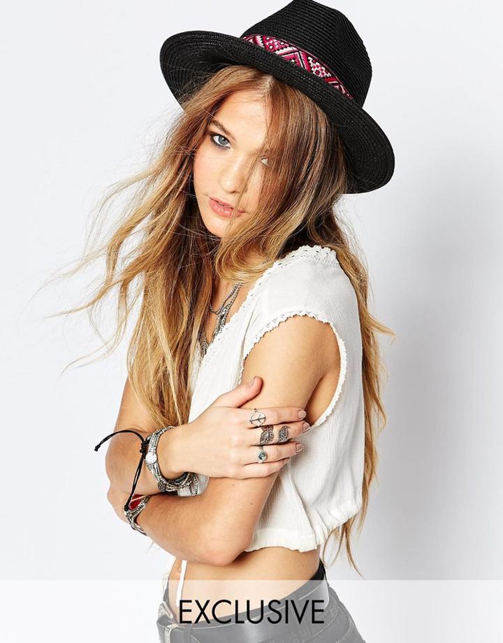 Reclaimed Vintage Straw Fedora Hat With Grossgrain Pattern Trim - Black
