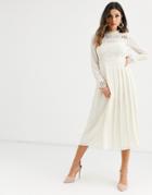 Asos Design High Neck Pleated Midi Dress With Lace Inserts-cream