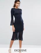 Silver Bloom Bodycon Dress With Fluted Sleeve And Chiffon Hem - Navy