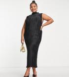 Asos Design Curve Satin Plisse Midi Dress With High Neck In Black