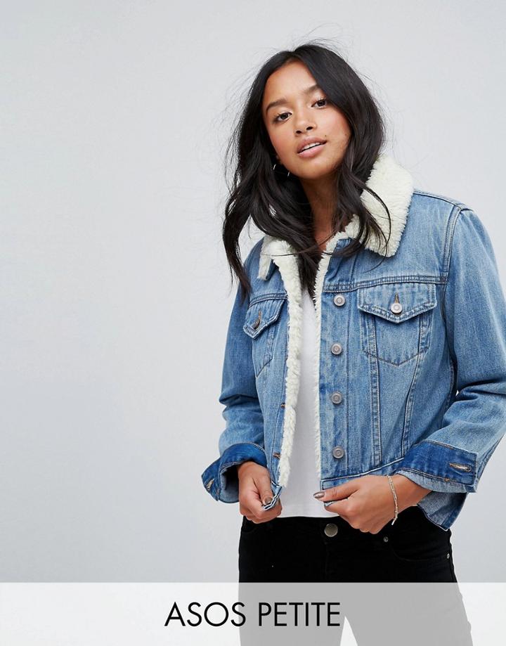 Asos Petite Denim Shrunken Borg Jacket In Tammy Midwash Blue - Blue