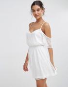 Asos Lace Cold Shoulder Flutter Sleeve Mini Skater Dress - White