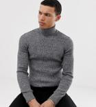 Asos Design Tall Ribbed Roll Neck Sweater In Gray Twist - Gray