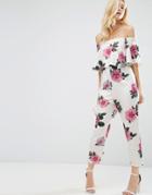 Asos Petite Ruffle Off Shoulder Peg Leg Jumpsuit In Oversized Floral Print - Multi