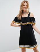 Asos Cold Shoulder Sundress With Embroidery And Pom Poms - Black