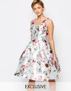 Chi Chi London Plunge Skater Dress In Floral Print - Mint Floral