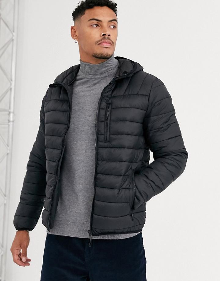 Bershka Hooded Puffer Jacket In Black