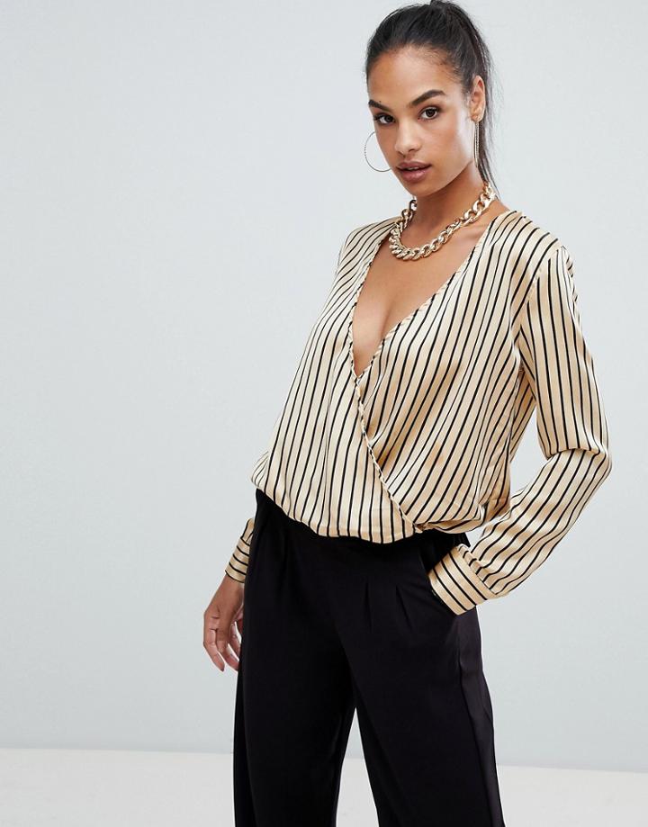 Boohoo Satin Wrap Blouse In Stripe - Multi