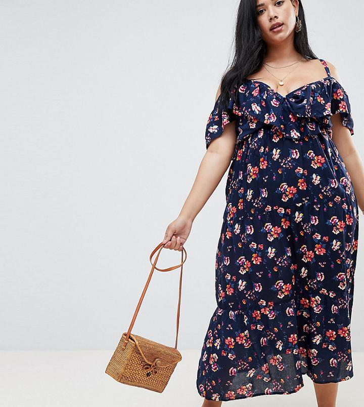 Nvme Floral Tiered Maxi Dress With Cross Back - Black