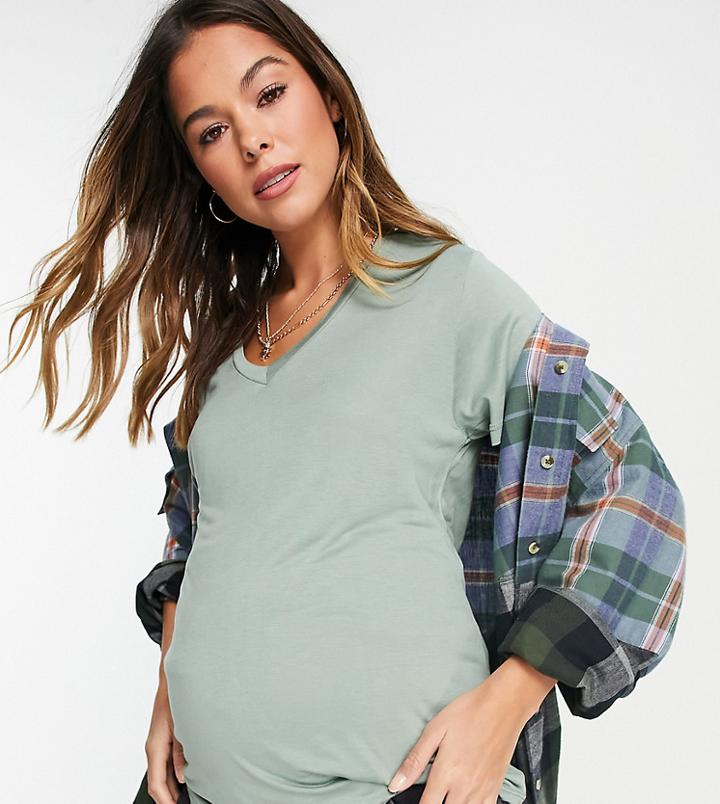Asos Design Maternity Nursing V Neck T-shirt In Khaki-green