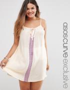 Asos Curve Swing Dress In Cheesecloth With Embroidery - Cream