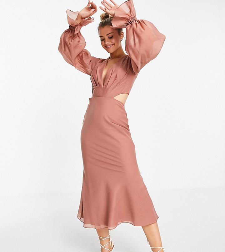 Asos Design Tall Pleated Midi Dress With Blouson Sleeves And Cuff Detail-pink