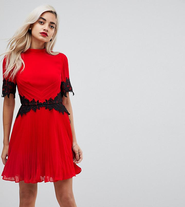 Asos Petite Lace Waist And Cuff Pleated Mini Dress - Red