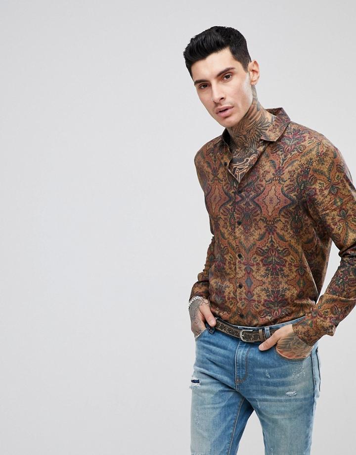 Asos Regular Fit Viscose Tonal Print Shirt - Green