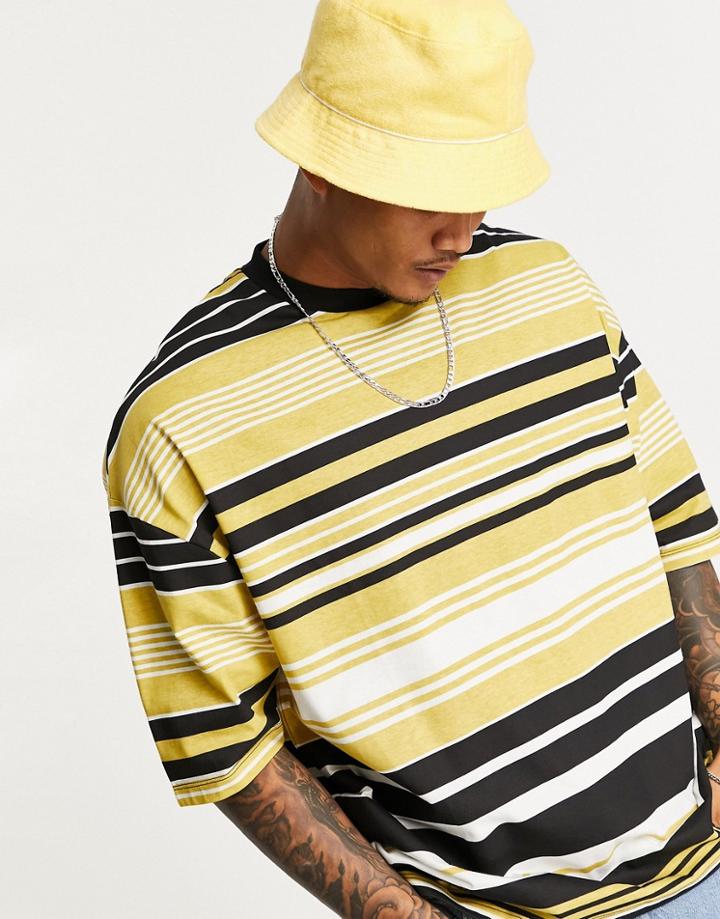 Asos Design Oversized Stripe T-shirt In Yellow & Black Print-multi