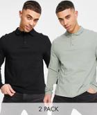 Asos Design 2 Pack Long Sleeve Jersey Polo In Multi
