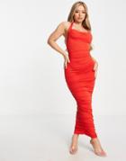 Asos Design Halter Cowl Ruched Midi Dress In Merlot-red