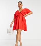 Asos Design Curve Flutter Sleeve Mini Beach Dress In Red - Red