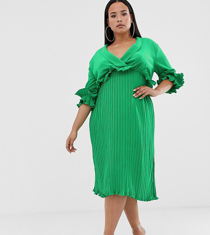 Prettylittlething Plus Pleated Midi Dress With Frill Detail In Green - Green