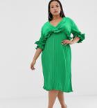 Prettylittlething Plus Pleated Midi Dress With Frill Detail In Green - Green