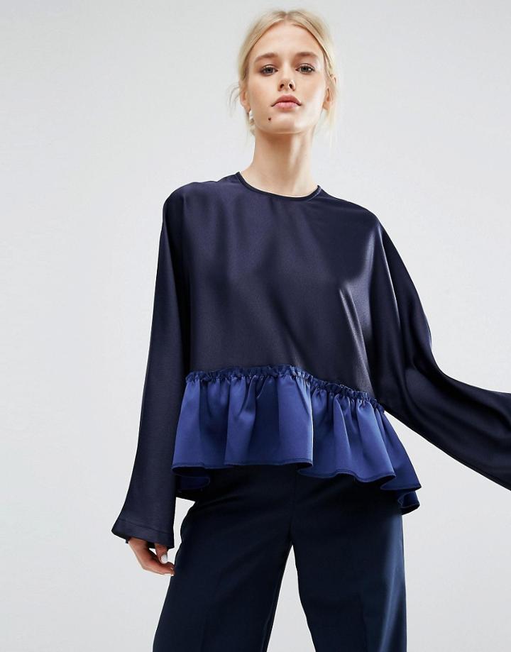 Zacro Smock Top With Contrast Peplum Hem - Navy