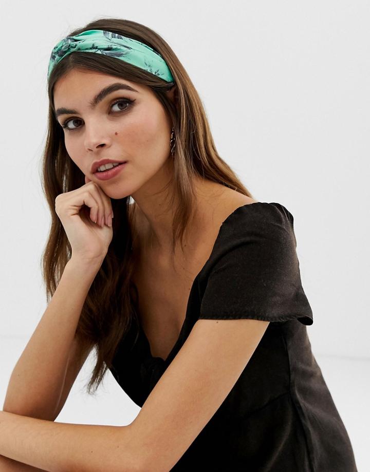 Asos Design Headband With Twist Front In Leaf Print In Green - Green