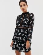 Dolly & Delicious Embroidered Skater Dress With Lace Inserts - Black