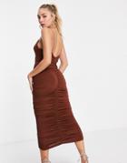 Asos Design Cami Strappy Midi Dress With Ruched Detail In Brown