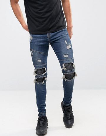 Avior Skinny Distressed Jeans With Biker Detail - Blue