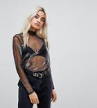 Noisy May Petite High Neck Sheer Top - Silver