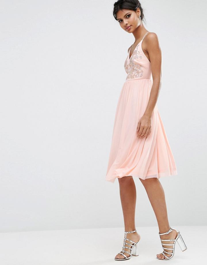 Asos Mesh Skirt Embellished Hotfix Midi Prom Dress - Nude