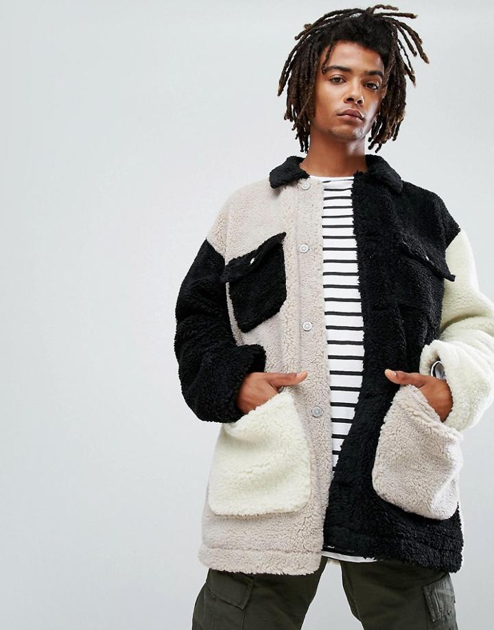 Asos Borg Jacket In Patchwork In Ecru - Beige