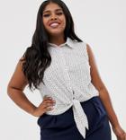 Brave Soul Plus Karen Sleeveless Shirt With Tie Front In Mini Heart Print - White