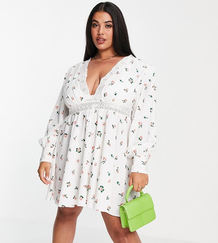 Asos Design Curve Lace Insert Mini Skater Dress In Ditsy Floral Print-multi