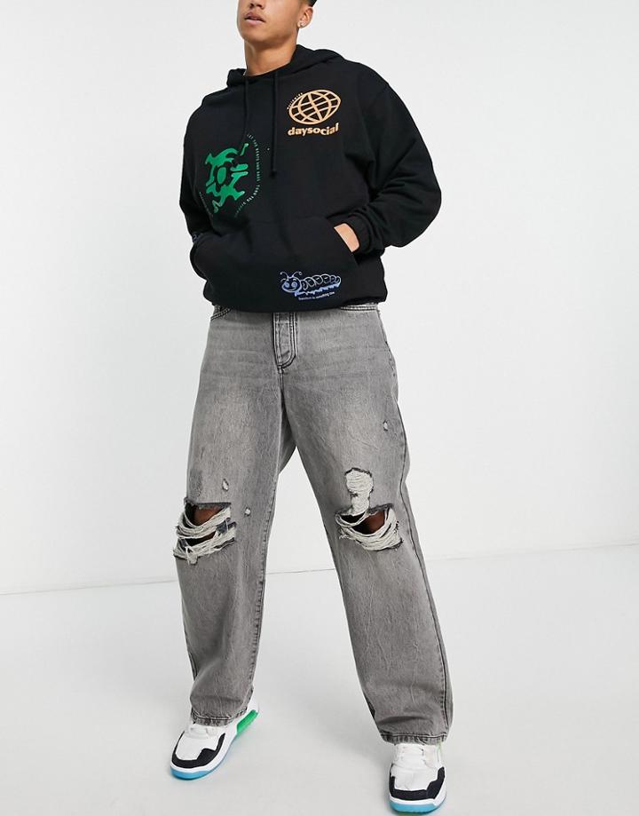 Topman Rip Extreme Baggy Jeans In Washed Black