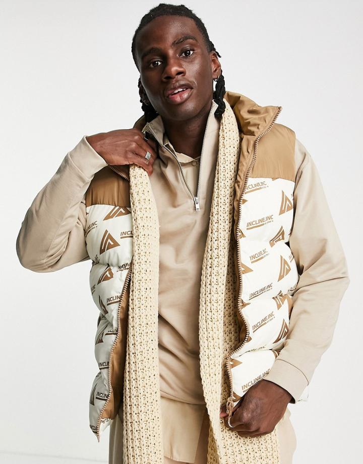 Asos Design Puffer Vest With Print Logo In Brown