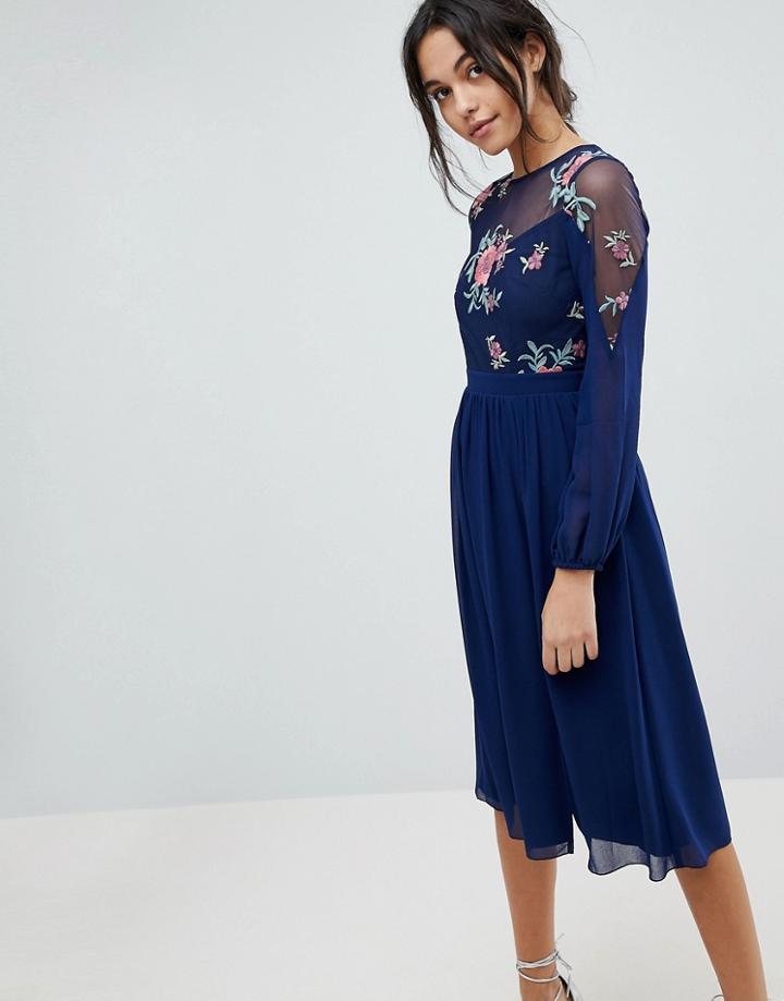 Little Mistress Embroidered Top Midi Long Sleeve Skater Dress - Navy