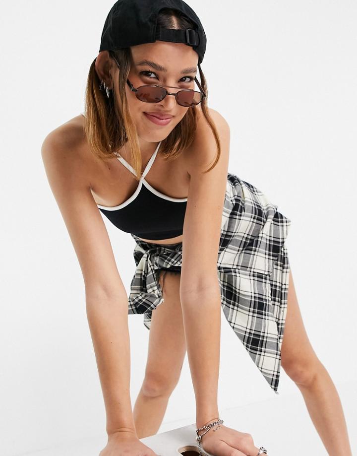 Bershka Contrast Piping Halterneck Crop Top In Black