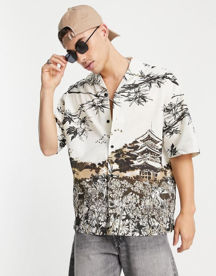 Topman Oversize Scene Print Shirt In Multi-black