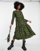 Asos Design Long Sleeve Tiered Smock Midi Dress In Khaki Floral-multi