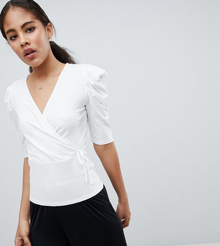 Asos Design Tall Top With Puff Sleeve And Wrap Detail - Cream
