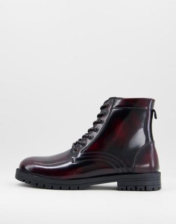Silver Street Chunky Sole Lac-up Boots In Burgundy Leather-red